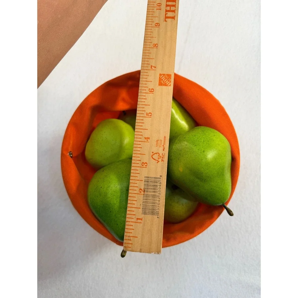Modern Chrome Wire Basket with Orange Liner and 8 Artificial Green Pears Set